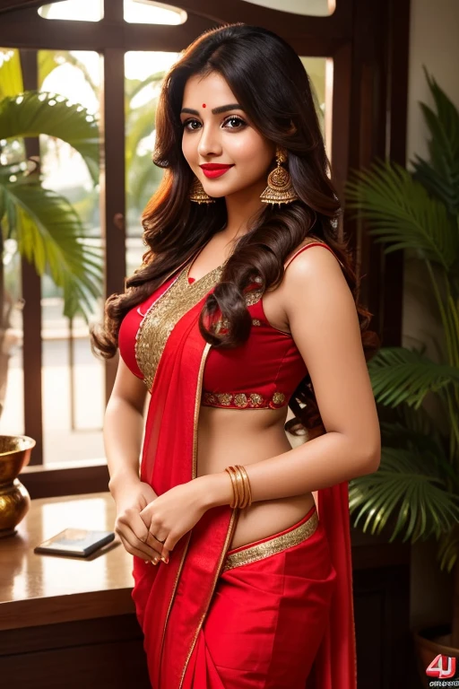 Indian fair skin busty woman 18 year old heavy breasts with nice face and (Actractive eyes), The sunlight waves of her golden hair frame her captivating ocean-blue eyes, while bold, the UHD resolution captures the vibrant details of this 4K retro masterpiece, (long hairstyle), (red lipstick), (smiling face), (red hair), dressed in a red saree. Her light black hair is styled in loose waves, framing her face perfectly. (1 girl), HDR, realistic, photorealistic, detailed, protrait, smiling, makeup, jewelry, Indian dress up, (salwar kompoz) full body view