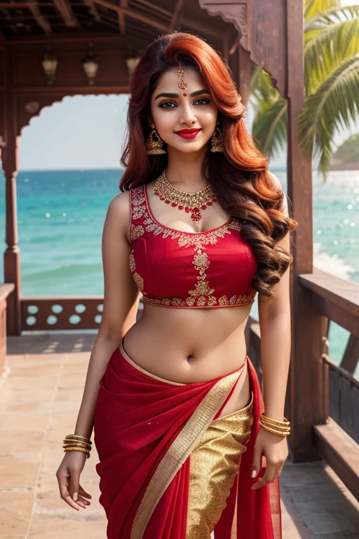 Indian fair skin busty woman 18 year old heavy breasts with nice face and (Actractive eyes), The sunlight waves of her golden hair frame her captivating ocean-blue eyes, while bold, the UHD resolution captures the vibrant details of this 4K retro masterpiece, (long hairstyle), (red lipstick), (smiling face), (red hair), dressed in a red saree. Her light black hair is styled in loose waves, framing her face perfectly. (1 girl), HDR, realistic, photorealistic, detailed, protrait, smiling, makeup, jewelry, Indian dress up, (salwar kompoz) full body view