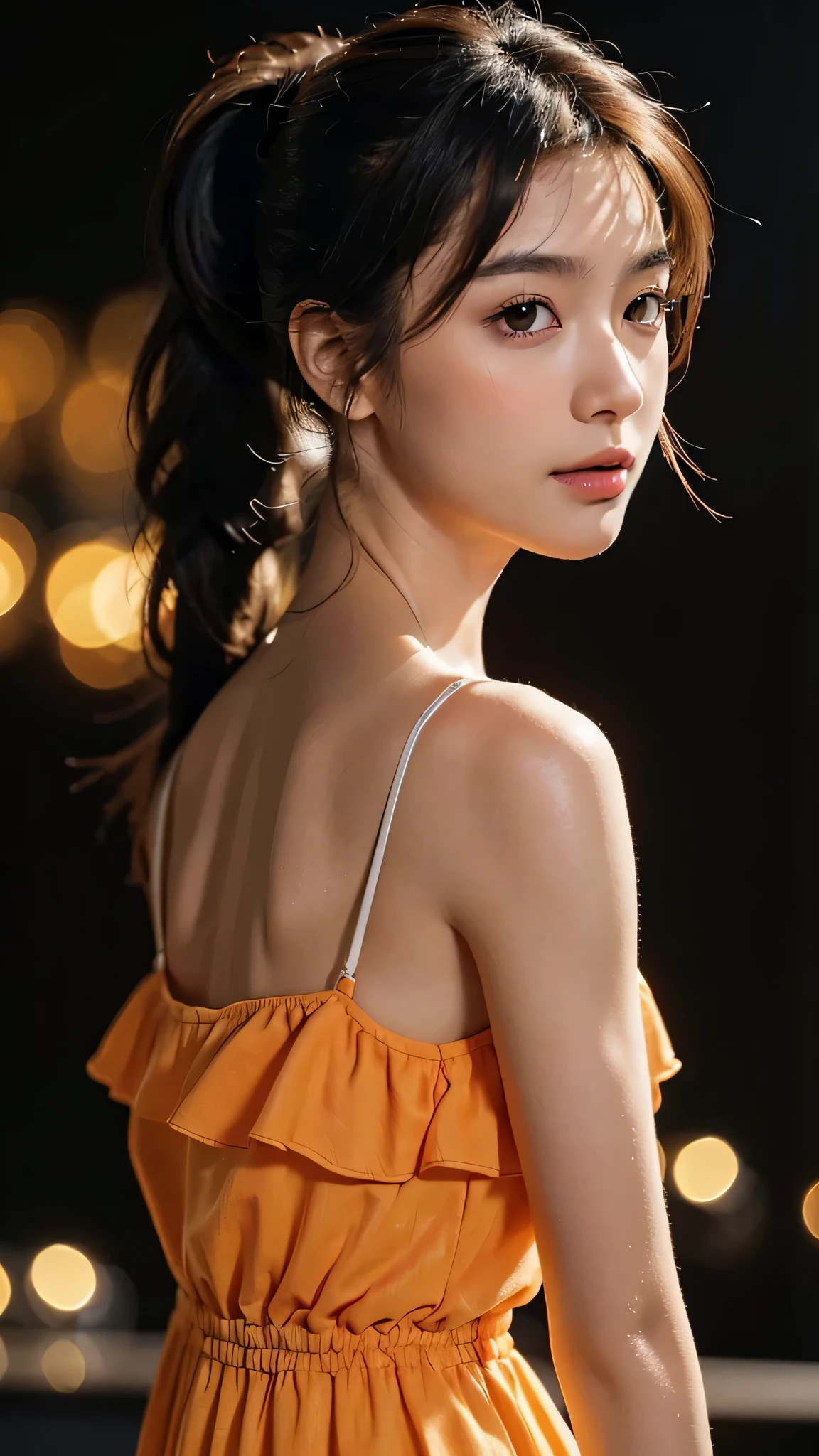 Spotlight on stage,close-up of face,One woman,fully body photo,masutepiece, The highest image quality, High quality, the background is clear,Beautiful woman, Japanese, Detailed, Detailed eyes, Detailed skin, Beautiful skin, 超hight resolution, (reality: 1.4),Very beautiful woman, Slightly younger face, Beautiful skin, slender, (Ultra photo realsisim), (hight resolution), (8K), (Very detailed) (beautifully detailed eyes), (super detailed), (Detailed face), view the viewer, Fine details, Detailed face, Staring straight ahead, Staring straight ahead, photos realistic, Bright lighting, Professional Lighting, Black hair,poneyTail,a baby face,sixteen years old,Hairstyle: ponytail,Long ponytail hairstyle,slight smile,Orange colored long dress with lots of ruffles, softly shaped skirt,