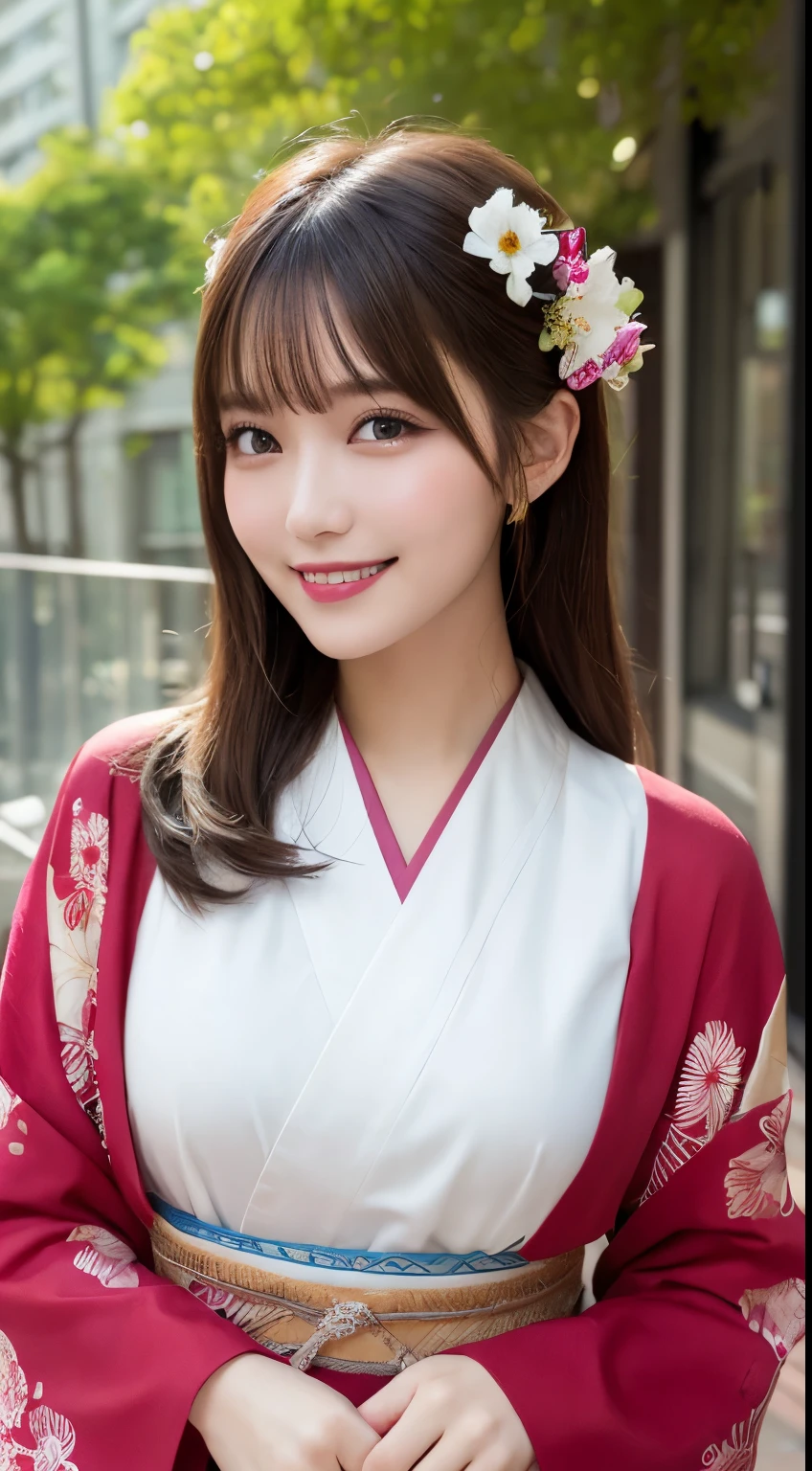 Tabletop, highest quality, figure, Very detailed, In detail, High resolution, 8k wallpaper, Perfect dynamic composition, Beautiful fine details,Medium Hair, Center of chest, Natural color lip, Random sexy poses,smile,Tower apartment,kimono,Flower Hair Ornaments,whole body,smile,