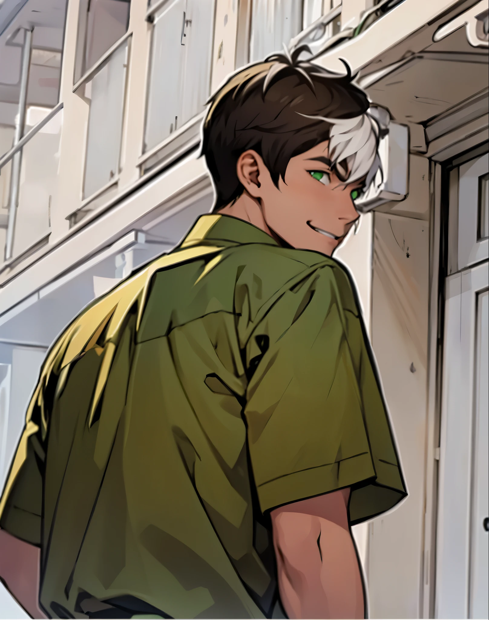 A cute young man of 16 years old, white hair and green eyes, talks, mocking someone, smiles maliciously.