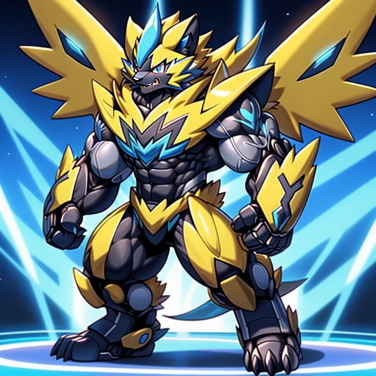 (masterpiece, best quality, detailed:1.2)
(Pokémon)
detailed full body,
Zeraora's giant robot.
Gigantic ZERAORA,
GIANT.
Protecting Zeraora's design and color scheme.
wears a black cloak on his back.
It has wings.
whole body shines like metal.
Wearing cyberpunk mecha, emphasizes the muscles.
He wears the same armor as himself from head to foot. (emphasizes the muscles.)
suit fully made of metal,
intricate armor, Robotic suit, suit fully made of metal, cyborg,
big muscle.
pecs, triceps,
body full of huge muscles.
unusually developed muscular body,
A Zeraora at the bodybuilding competition,
massive,
huge muscular bodybuilder with extraordinary biceps, pecs, triceps, traps, gigachad, 300 lbs.
The claws are sharp, Sharp teeth,
with huge golden laser sword,