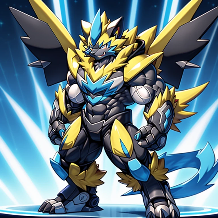 (masterpiece, best quality, detailed:1.2)
(Pokémon)
detailed full body,
Zeraora's giant robot.
Gigantic ZERAORA,
GIANT.
Protecting Zeraora's design and color scheme.

wears a black cloak on his back.
It has wings.
whole body shines like metal.
Wearing cyberpunk mecha, emphasizes the muscles.
He wears the same armor as himself from head to foot. (emphasizes the muscles.)
suit fully made of metal,
intricate armor, Robotic suit, suit fully made of metal, cyborg,

big muscle.
pecs, triceps,
body full of huge muscles.
unusually developed muscular body,
A Zeraora at the bodybuilding competition,
massive,
huge muscular bodybuilder with extraordinary biceps, pecs, triceps, traps, gigachad, 300 lbs.

The claws are sharp, Sharp teeth,
with huge golden laser sword,