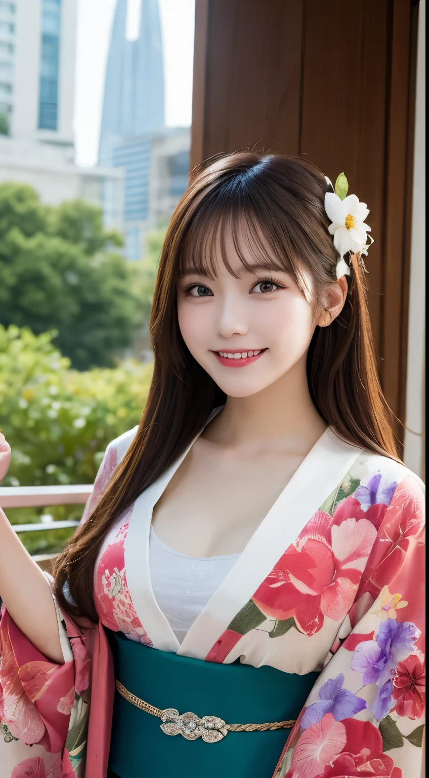 Tabletop, highest quality, figure, Very detailed, In detail, High resolution, 8k wallpaper, Perfect dynamic composition, Beautiful fine details,Medium Hair, Center of chest, Natural color lip, Random sexy poses,smile,Tower apartment,kimono,Flower Hair Ornaments,whole body,smile,