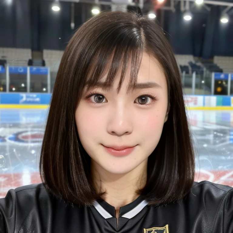 (kawaii 24year-old Japanese girl, Nogizaka idol, Korean idol), female ice hockey player, (glossy black hair, very short hair:1.3), (rounded face, black eyes, single eyelid, no makeup, soft smiling:1.2), (wearing long sleeved ice hockey jersey:1.5), (looking at viewer:1.2), BREAK, (skating at ice skate arena, active atmosphere:1.3), (view from forward, close shot, face focus:1.3), BREAK, (masterpiece, best quality, photo realistic, official art:1.4), (UHD, 8K quality wallpaper, high resolution, raw photo, golden ratio:1.3), (shiny skin), professional lighting, physically based rendering, award winning, (perfect anatomy, highly detailed skin, extremely detailed face and eyes:1.2), Carl Zeiss 300mm F/2.8, depth of field, 1girl, solo, nhl player, national hockey league player,