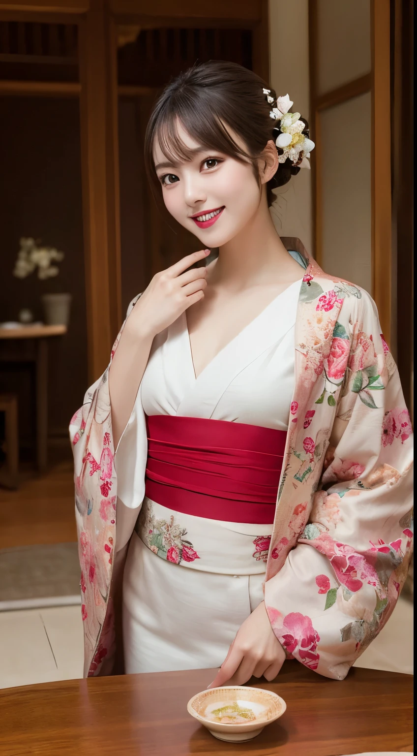 Tabletop, highest quality, figure, Very detailed, In detail, High resolution, 8k wallpaper, Perfect dynamic composition, Beautiful fine details,Medium Hair, Center of chest, Natural color lip, Random sexy poses,smile,Tower apartment,kimono,Flower Hair Ornaments,whole body,smile,