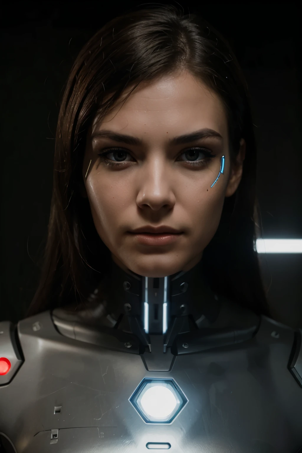 a face, half human and half robot, like a cyborg.