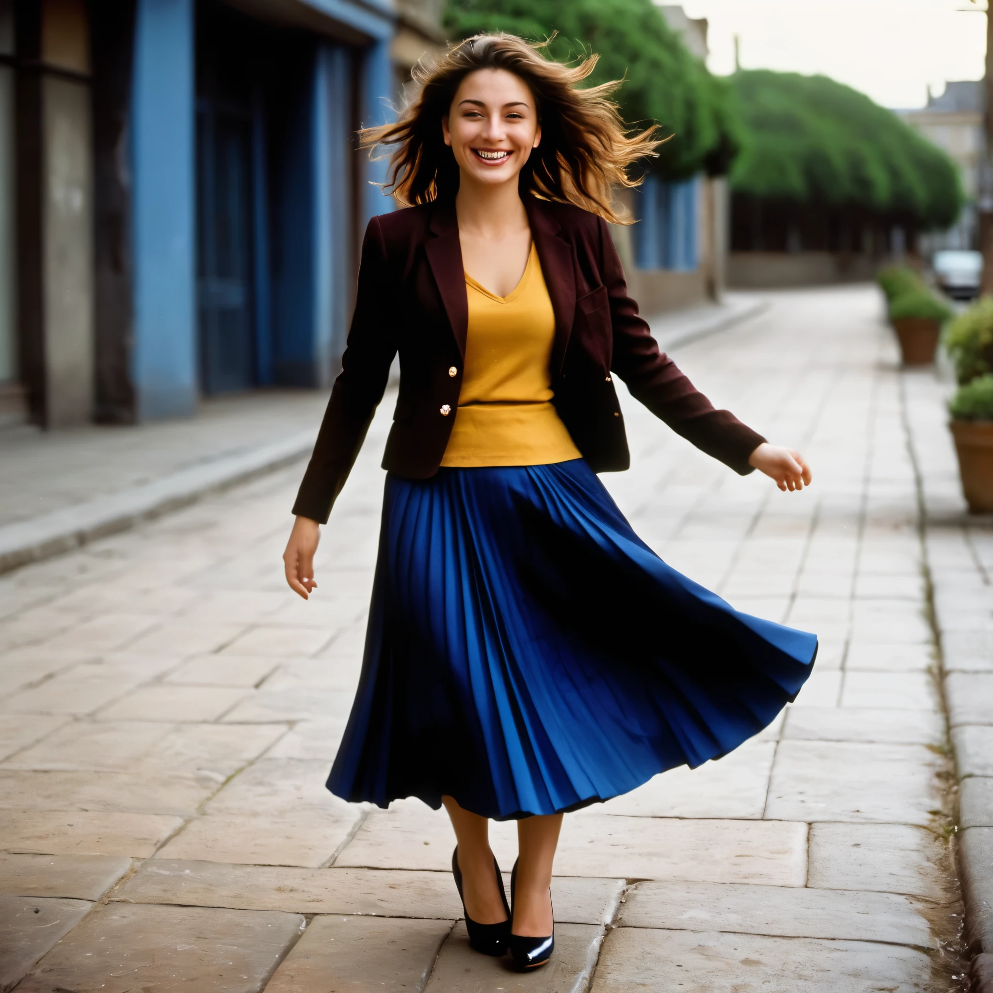 A smiling, authentic, (shy:1,3), kind, beautiful woman, is passionately in love with her skirt, wind wildly flowing her skirt, wearing short blazer and (long (fully pleated) full circle skirt) and (low heeled court shoes), very, very intricate hyper-detailed symmetric (attractive graceful young feminine face) with (sad, tired eyes and a loving smile), very voluptuous breasts, full of empathy and compassion and love, (pronounced (feminine) features), (highly detailed ultra accurate realistic) hands and fingers, (windy), epic composition, highly detailed attributes, (35mm f1.4 Kodak portra 400 photograph), extremely high quality RAW photograph, highly detailed atmosphere, sci-fi, cinematic shot, dynamic lighting, 75mm, Technicolor, Panavision, cinemascope, sharp focus, fine details, 8k, HDR, realism, realistic, key visual, film still, superb cinematic color grading, depth of field