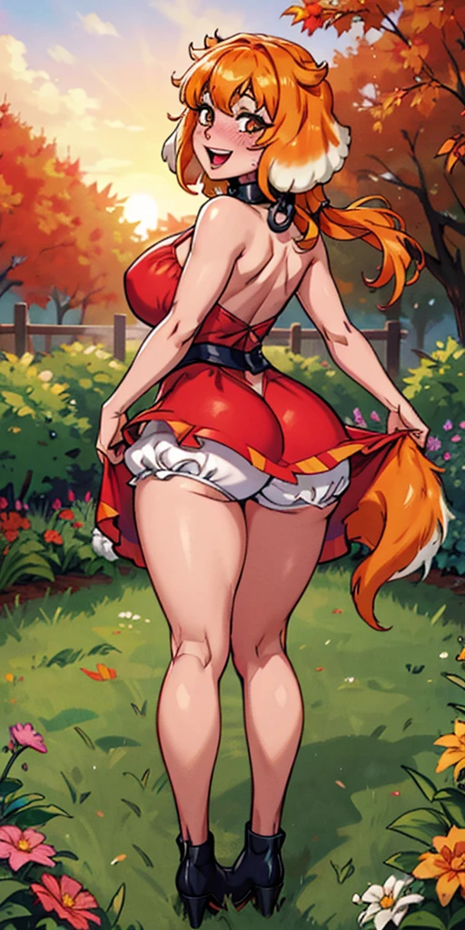 masterpiece, best quality, roxanne, dog ears, fluffy dog ears, collar, sundress, looking at viewer, garden, autumn, sunset, large breasts, ass, smile edgYSD, woman wearing a sundress, very voluminous very fluffy very long dog tail, dog tail starts immediately above butt, dog tail starts from skin, entire dog tail visible, short hair, bloomers, flushed skin, blushing face, red cheeks,  lewd smile, slightly open mouth, gravure, pinup, very long legs, no ears, open-back dress