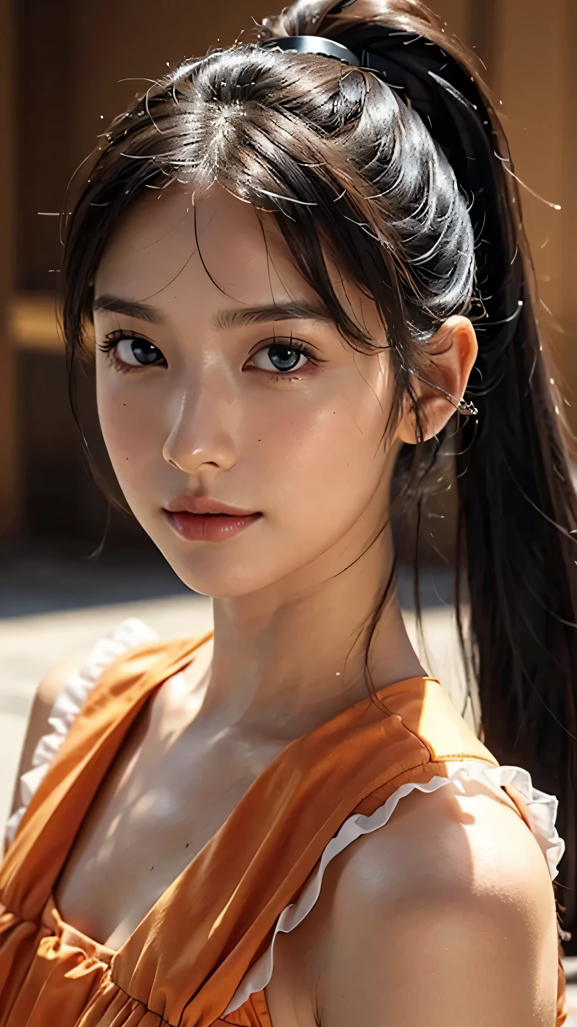 Spotlight on stage,close-up of face,One woman,fully body photo,masutepiece, The highest image quality, High quality, the background is clear,Beautiful woman, Japanese, Detailed, Detailed eyes, Detailed skin, Beautiful skin, 超hight resolution, (reality: 1.4),Very beautiful woman, Slightly younger face, Beautiful skin, slender, (Ultra photo realsisim), (hight resolution), (8K), (Very detailed) (beautifully detailed eyes), (super detailed), (Detailed face), view the viewer, Fine details, Detailed face, Staring straight ahead, Staring straight ahead, photos realistic, Bright lighting, Professional Lighting, Black hair,poneyTail,a ,sixteen ye: ponytail,Long ponytail hairstyle,slight smile,Orange colored long dress with lots of ruffles, softly shaped skirt,