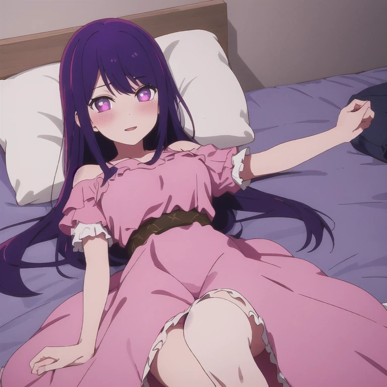masterpiece, top quality, cinematic lighting, on the bed, POV, grabbing legs,
(1 girl), purple hair, long hair, pink eyes, medium breasts, light smile, blush, nightgown, panties, white stockings,