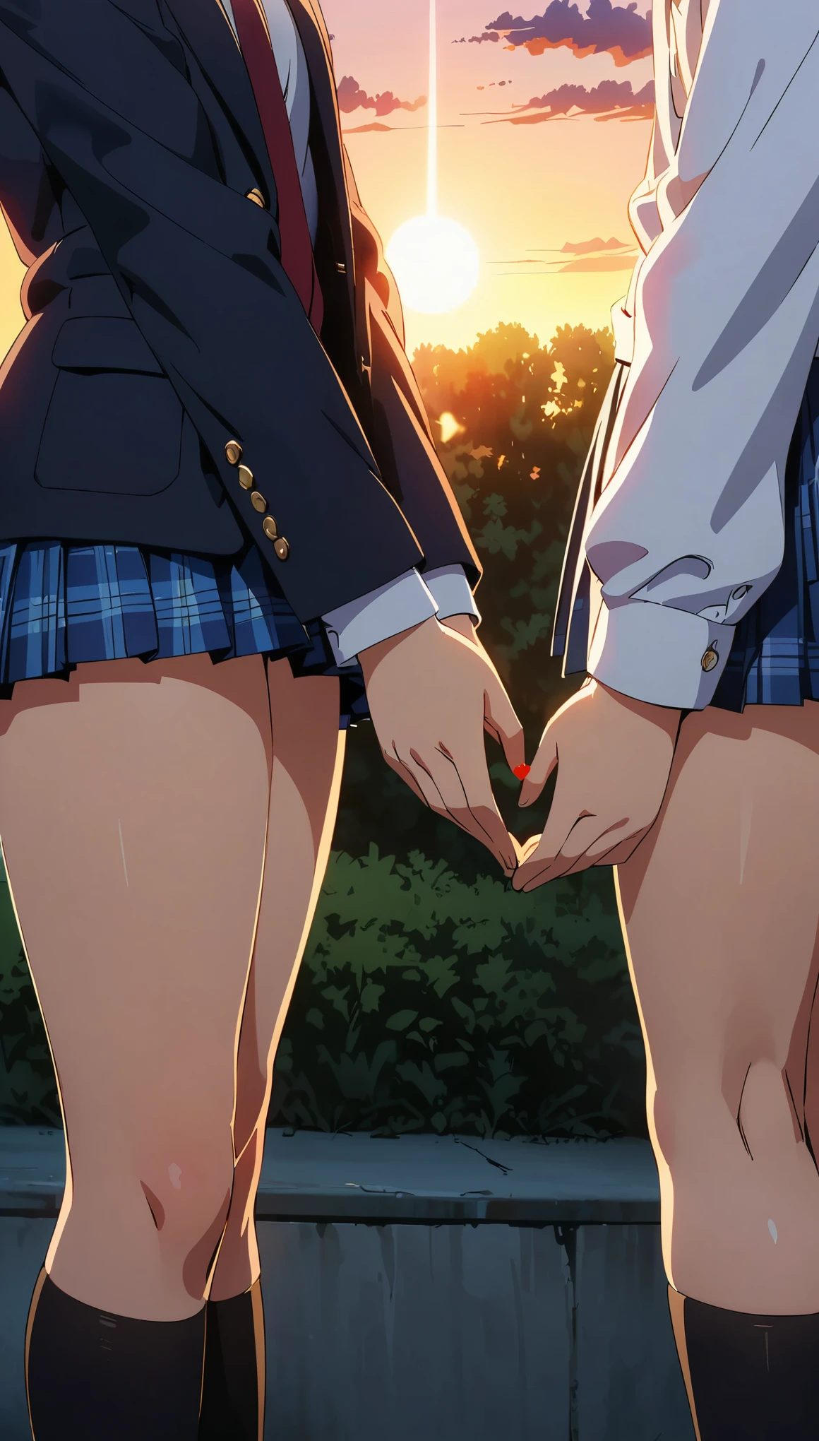 (highest quality:1.2, Anime artwork, Anime Style, Studio Anime, Very detailed, up to date, Vibrant, Anime Coloring, High Contrast, masterpiece:1.2, highest quality, Best aesthetics), blue plaid pleated skirt:1.5, Red tie:1.5, Black blazer, (Private School Uniforms), Beautiful thighs, Black knee-high socks, Perfect body line, Skin with attention to detail, cute, Detailed face, (Random Pause, Make a heart mark with both hands:1.4), at school, Accurate Fingers, evening, Illuminated by the setting sun, Soft lighting,