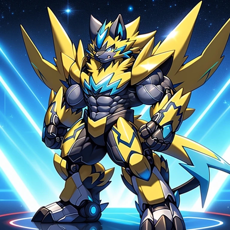 (masterpiece, best quality, detailed:1.2)
(Pokémon)
detailed full body,
Zeraora's giant robot.
Gigantic ZERAORA,
GIANT.
Protecting Zeraora's design and color scheme. Robotic suit, 
the whole body is covered in armor, flying in the sky,

wears a black cloak on his back.
It has wings.
whole body shines like metal.
Wearing cyberpunk mecha, emphasizes the muscles.
He wears the same armor as himself from head to foot. (emphasizes the muscles.)
suit fully made of metal,
intricate armor, Robotic suit, suit fully made of metal, cyborg,

big muscle.
pecs, triceps,
body full of huge muscles.
unusually developed muscular body,
A Zeraora at the bodybuilding competition,
massive,
huge muscular bodybuilder with extraordinary biceps, pecs, triceps, traps, gigachad, 300 lbs.

The claws are sharp, Sharp teeth,
with huge golden laser sword,