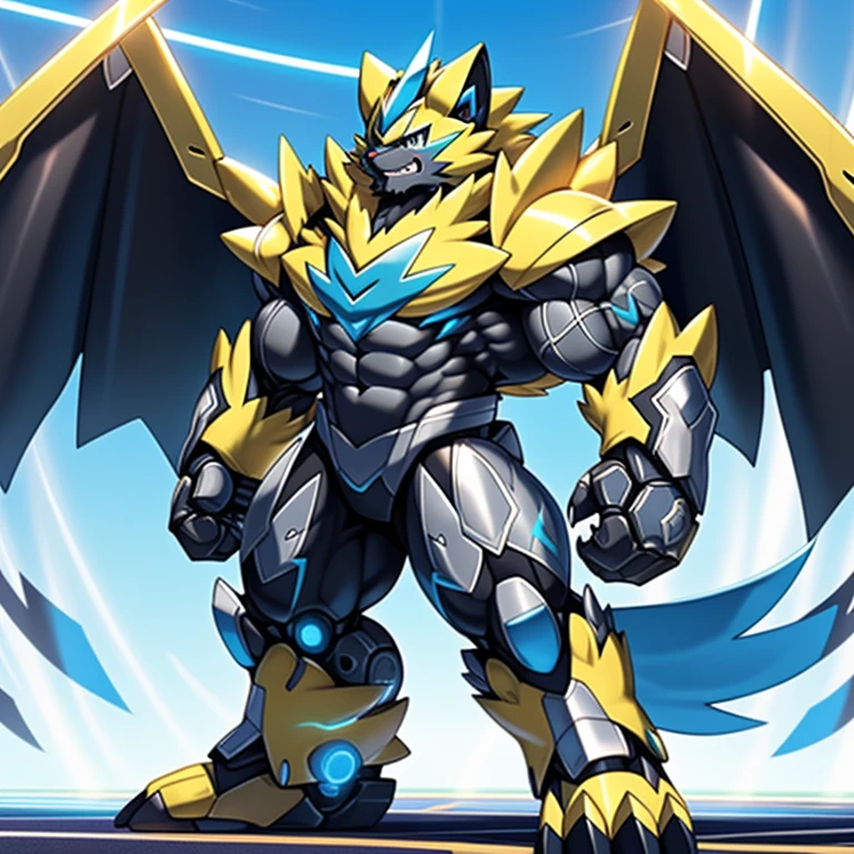 (masterpiece, best quality, detailed:1.2)
(Pokémon)
detailed full body,
Zeraora's giant robot.
Gigantic ZERAORA,
GIANT.
Protecting Zeraora's design and color scheme. Robotic suit,
the whole body is covered in armor, flying in the sky,
wears a black cloak on his back.
It has wings.
whole body shines like metal.
Wearing cyberpunk mecha, emphasizes the muscles.
He wears the same armor as himself from head to foot. (emphasizes the muscles.)
suit fully made of metal,
intricate armor, Robotic suit, suit fully made of metal, cyborg,
big muscle.
pecs, triceps,
body full of huge muscles.
unusually developed muscular body,
A Zeraora at the bodybuilding competition,
massive,
huge muscular bodybuilder with extraordinary biceps, pecs, triceps, traps, gigachad, 300 lbs.
The claws are sharp, Sharp teeth,
with huge golden laser sword,