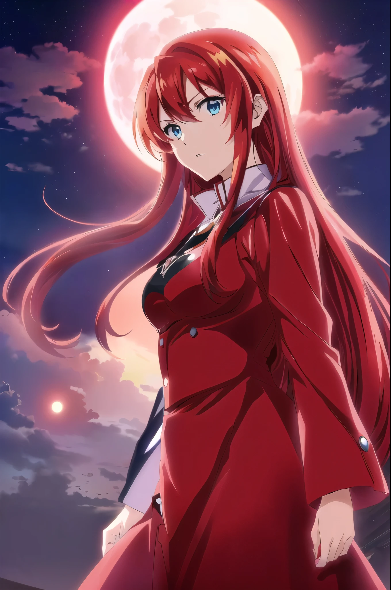 Anime girl with long red hair and blue eyes standing in front of a full moon, Rias Gremory, kurisu makise steins gate anime, maAlso kitagawa fanart, Official Art, Long Hair Anime Girl, Official anime stills, Also, female anime character, kurisu makise, Official Anime Artwork, Official character art