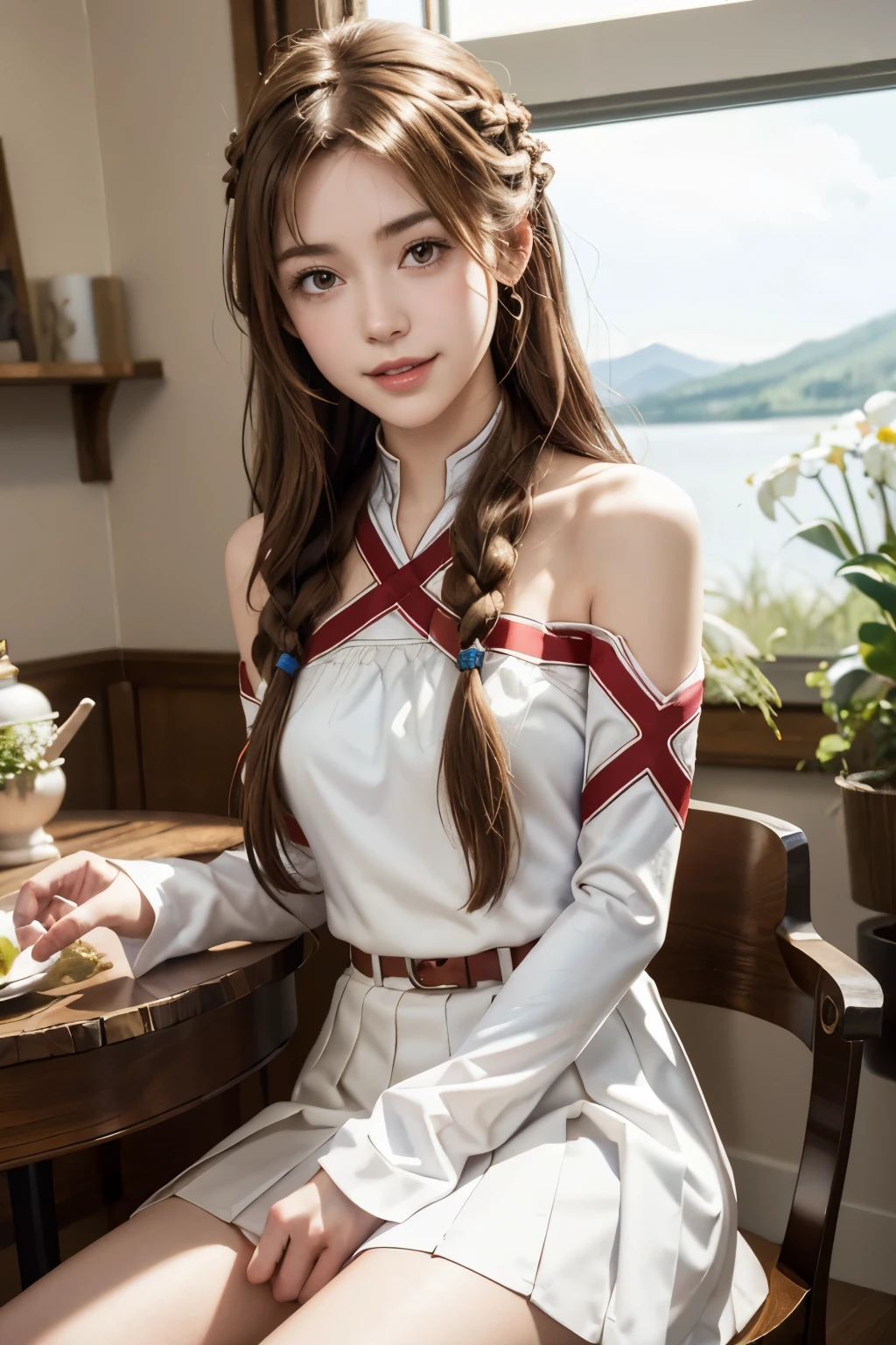 High resolution),M1necr4ft, masterpiece、highest quality、Realistic details、Clear images、, Tabletop, Portraiture, One Girl, Yuuki Asuna, Brown Hair, Brown eyes, Medium chest, Long Hair, Braiding, Kotovo, White gloves, White Uniform, White boots, Red Skirt, Red strap, View your viewers, smile,Mountain with the moon in the sky々and lakes,Cat ear