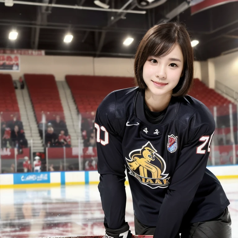 (kawaii 24year-old Japanese girl, Nogizaka idol, Korean idol), female ice hockey player, (glossy black hair, very short hair:1.3), (rounded face, black eyes, single eyelid, no makeup, soft smiling:1.2), (wearing long sleeved ice hockey jersey:1.5), (looking at viewer:1.2), BREAK, (skating at ice skate arena, active atmosphere:1.3), (view from forward, close shot, face focus:1.3), BREAK, (masterpiece, best quality, photo realistic, official art:1.4), (UHD, 8K quality wallpaper, high resolution, raw photo, golden ratio:1.3), (shiny skin), professional lighting, physically based rendering, award winning, (perfect anatomy, highly detailed skin, extremely detailed face and eyes:1.2), Carl Zeiss 300mm F/2.8, depth of field, 1girl, solo, nhl player, national hockey league player,
