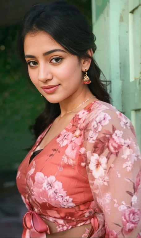 ((RAW, analog style)), face, extremely detailed full body color photo of a 18 y.o girl, big beautiful face, beautiful eyes, ((small nose)), big natural lips, ((fabric crop top)), medium breasts, slim body, outdoor, trees, ((film grain, skin details, high detailed skin texture, 8k hdr, dslr)), indian female model yami gautami, close-up picture of yami gautmi, floral dress. Sexy figure, hot looks, long curly hair