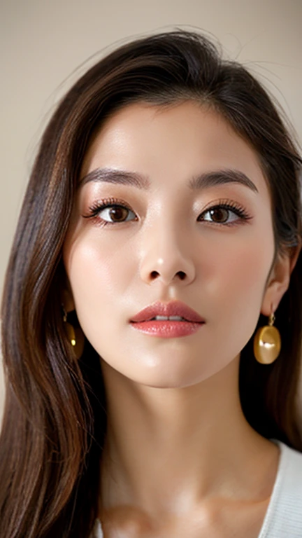 1 25 years old beautiful woman with casual cute hairstyle posing for a portrait, Real raw photo with super detailed details, Beautiful smooth glossy hair woman, A very beautiful woman, She is blushing and making a kissy face, Her face is turned upwards, Well-cared for beautiful long hair, 16K Ultra Realistic Portrait, Photograph from the front of her, Camera angle of view from above, She is slim figure top model and famous movie actress, She has a very fine and smooth white skin, Breast enhancement, ((((1 Russian woman)))), The eyebrows are raised and furrowed, She has bittersweet feeling, Super thinly opened eyes are moist and droopy, She is looking up at the camera from below, Her thick plump and shiny lips are half-opened, Close-up photo of face, A person in the center left and right, The whole head is shown, She is wearing simple earrings and a simle necklace, Perfect makeup, Professional lighting like movies in her bedroom
