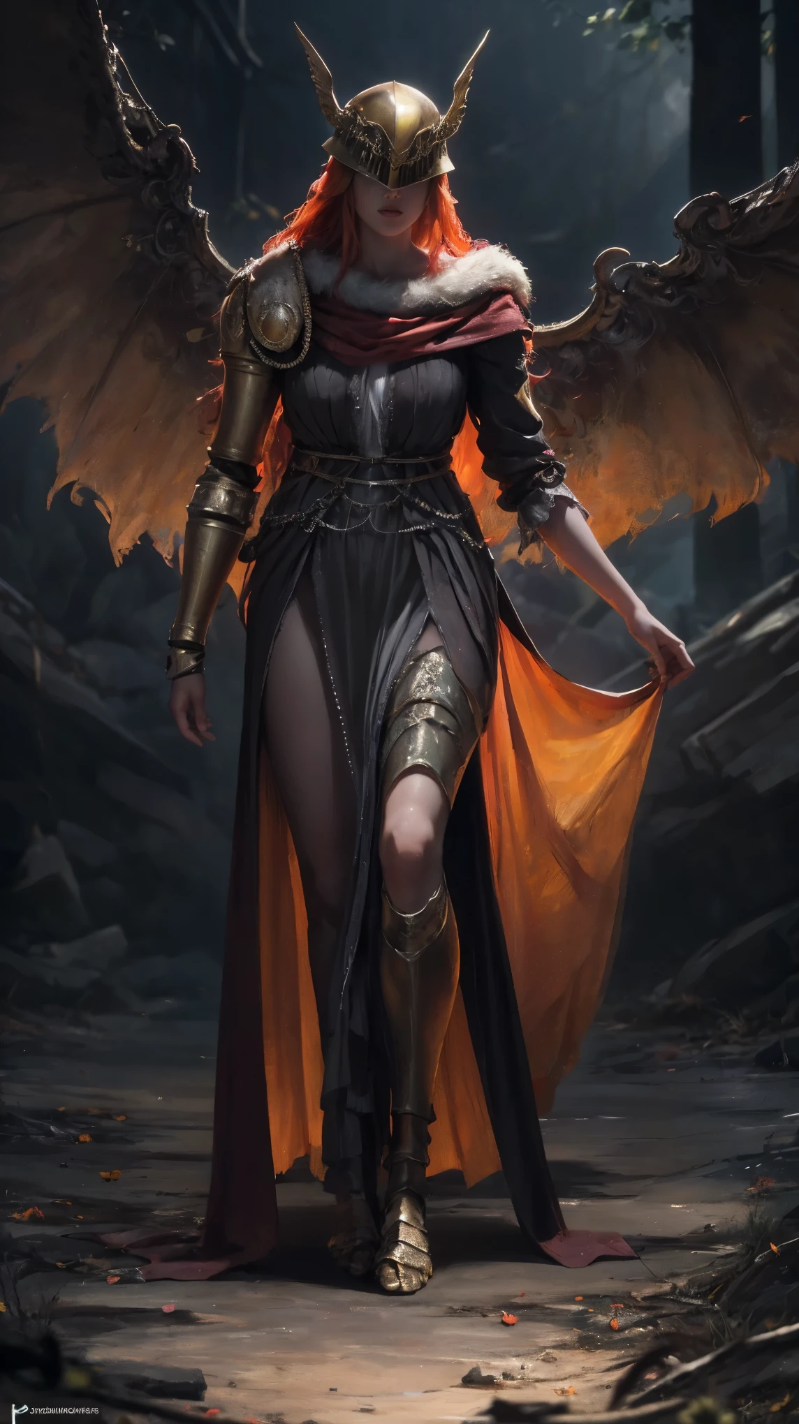 Highly detailed, high quality, masterpiece, beautiful, 1 girl, prosthetic leg, single mechanical arm, prosthesis, MaleniaDef, armor, cape, helmet, brown dress, full body, (best quality)), ((masterpiece: 1.2) ), (extremely detailed: 1.1), (8k, high quality, cinematic, hyper realistic, illustration), (autodesk maya, octane rendering, unreal engine, game character, ray tracing, hdr), (16mm focal length , f/4 aperture, dynamic perspective, depth of field), (1 girl, dynamic angle, casting pose. malenia, long bright red hair like blood, brown thorn-woven dress, single mechanical arm, prosthetic leg, prosthesis, boots of battle. Cloak of blood, underlying golden armor, valley of withered flowers, ancient sculptures around it), 3d, realistic, CG, 3D model, beautiful, elegant, confident, (hdri, bloom, edge lighting, soft lighting, discreet), zhongfenghua, delicate\(armor\) ancient robe, golden helmet, mage_glam, caftan,