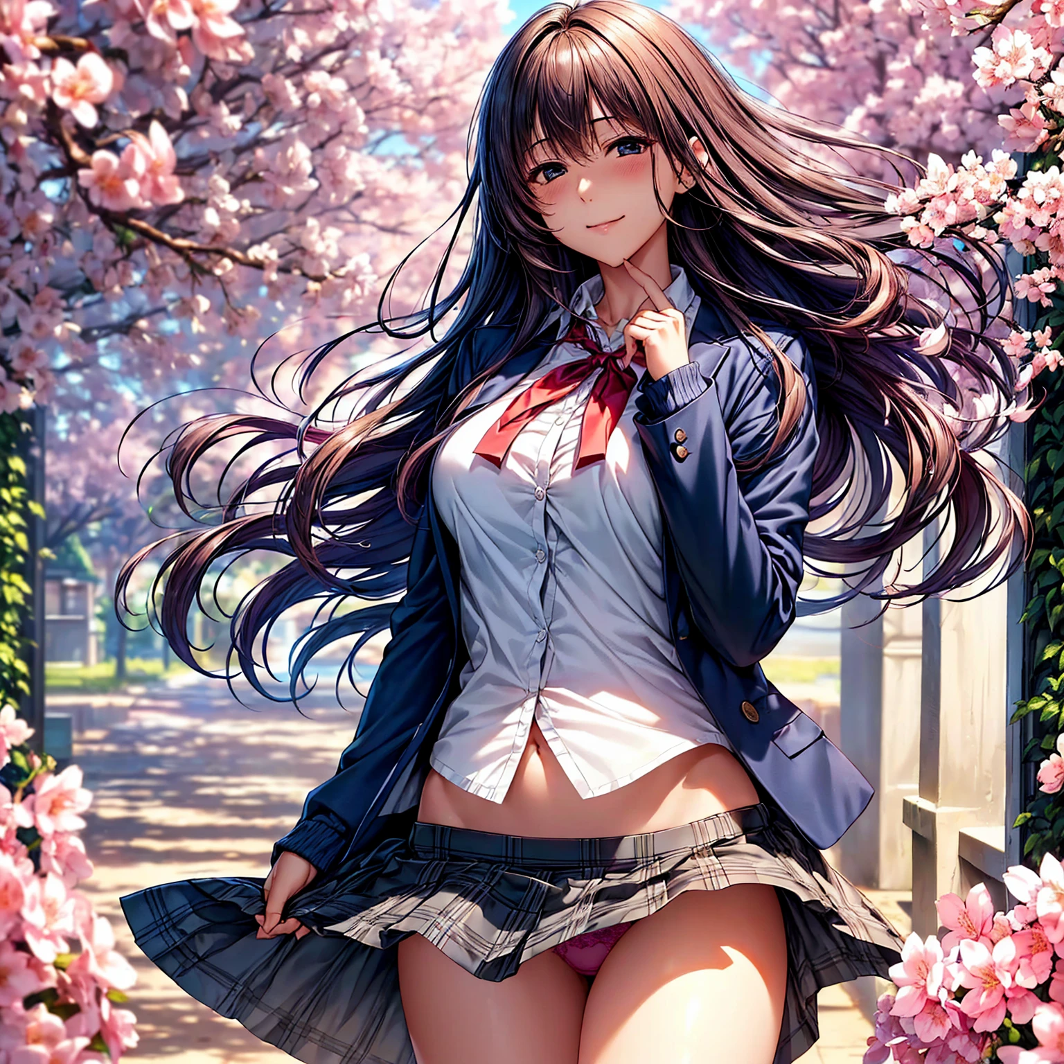 (((highest quality、masterpiece、Very high resolution、High-definition images)))、One strong, beautiful woman:18-year-old、Beautiful body:Slender, beautiful breasts and beautiful legs、Beautiful Face:smile、eyes with strong will,Beautiful Hair、best skin and hair texture,Realistic skin texture,realistic hair texture、(High School Uniform:White blouse:ribbon:cardigan:blazer:Plaid pleats)、((The wind is blowing:The skirt is fluttering:I can see your underwear:Lace panties、Panchira Shot))、(garden、Cherry blossom trees)、Beauty Painting、Realistic portraits、Dynamic Angle、Natural light、Beautiful Landscape、Beautiful colors、Overall image、Accurate Image、Accurate anatomy、Flawless images、Perfect Image、Overall Image、(Best Shot、RAW Photos:1.2)
