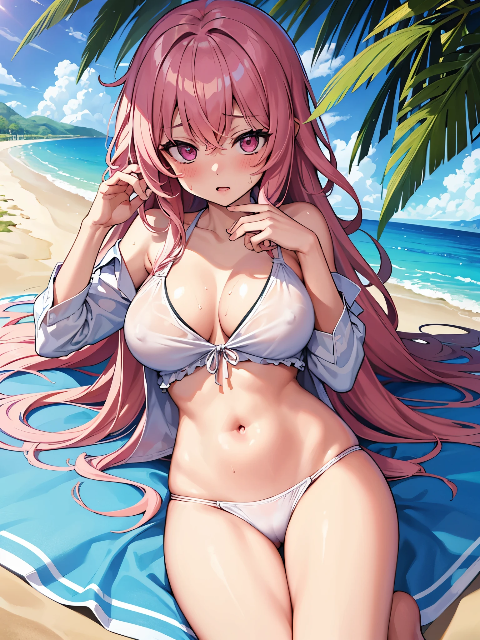 (masterpiece,highest quality, detailed), One girl, alone, Lying on the beach,Point your feet at the camera,Tropical Resort,Ocean, whole body,bikini,Sweat, Ahegao, Roll your eyes, blush, naked、Pink Hair,Messy wavy long hair,open chest white shirt、Black underwear,A tight-fitting shirt、Big Breasts