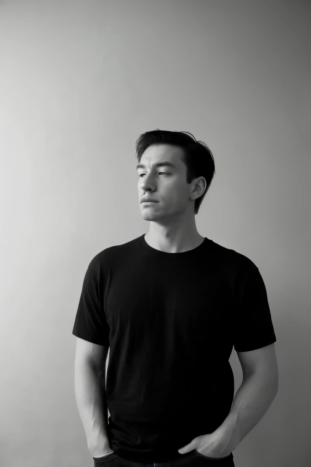 (Best quality, Ultra-detailed: 1.1), Single subject, Man in a plain black T-shirt, Casual attire, (Plain, simple), (Sharp focus on face: 1.0), Minimalist lighting, (Serene, calm expression), (Hands in pockets), (Slightly angled shot), (Intimate, close-up view), Raw-photo, (Noiseless, clear), High definition, (Black and white, monochrome), (Faded texture, vintage look), Grainy film texture, (Deep contrast, bold lines), (Rich in detail, intricate), Photograph of a man, standing alone, capturing his thought