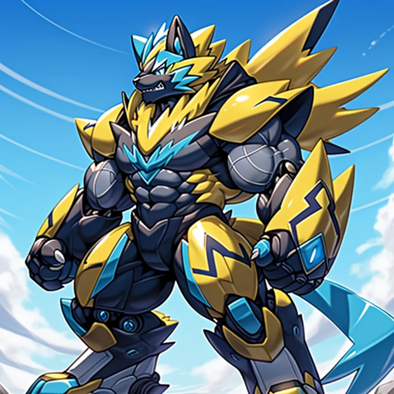 (masterpiece, best quality, detailed:1.2)
(Pokémon)
detailed full body,
Zeraora's giant robot.
Gigantic ZERAORA,
GIANT.
Protecting Zeraora's design and color scheme. Robotic suit,
the whole body is covered in armor, sky,
wears a black cloak on his back.
It has wings.
whole body shines like metal.
Wearing cyberpunk mecha, emphasizes the muscles.
He wears the same armor as himself from head to foot. (emphasizes the muscles.)
suit fully made of metal,
intricate armor, Robotic suit, suit fully made of metal, cyborg,
big muscle.
pecs, triceps,
body full of huge muscles.
unusually developed muscular body,
A Zeraora at the bodybuilding competition,
massive,
huge muscular bodybuilder with extraordinary biceps, pecs, triceps, traps, gigachad, 300 lbs.
The claws are sharp, Sharp teeth,
with huge golden laser sword,