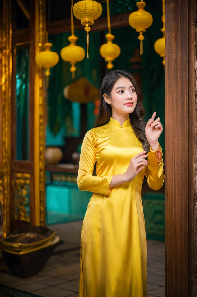 A girl in Vietnam wearing an Ao Dai,illustrated with intricate details,high-res,having a serene atmosphere,saturating the scene with vibrant colors,embracing traditional Vietnamese culture and spiritual practices,with delicate folds and embroideries on the Ao Dai gown,adorned with lotus flowers, creating a harmonious blend of elegance and tranquility, the girl's face radiating inner peace and serenity, her eyes sparkling with wisdom, her lips gently curved into a serene smile, beautifully depicting the grace and charm of Vietnamese women, her slender fingers delicately holding a candle, casting a soft glow amidst the peaceful ambience of the temple, the flickering light illuminating the ornate architectural details of the temple, highlighting the stunning traditional artwork showcased on the walls, ceiling, and pillars, the play of light and shadow adding depth and dimension to the scene, capturing the spiritual essence of the moment, showcasing the rich cultural heritage of Vietnam, a masterpiece that embodies the beauty and tranquility of the country.