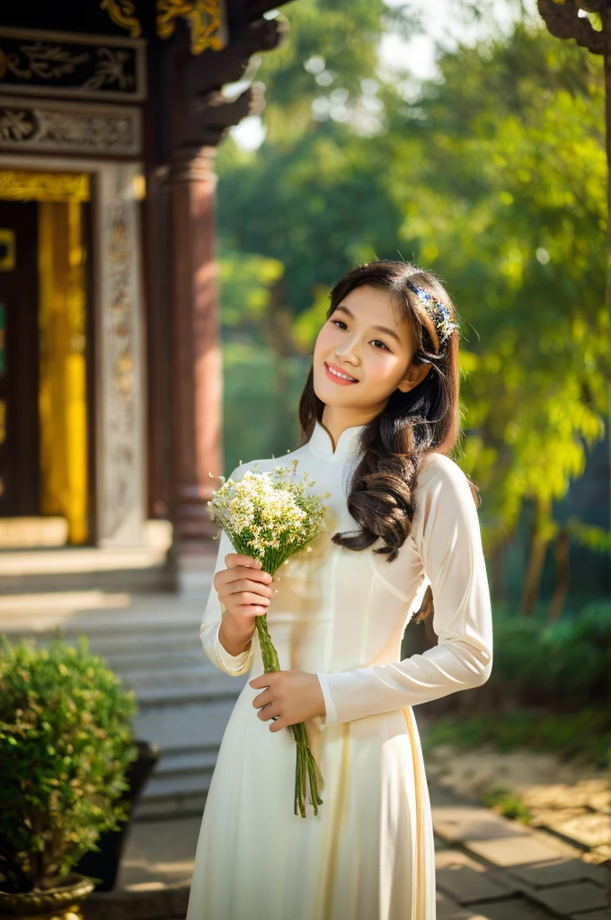 A girl in Vietnam wearing an Ao Dai,illustrated with intricate details,high-res,having a serene atmosphere,saturating the scene with vibrant colors,embracing traditional Vietnamese culture and spiritual practices,with delicate folds and embroideries on the Ao Dai gown,adorned with lotus flowers, creating a harmonious blend of elegance and tranquility, the girl's face radiating inner peace and serenity, her eyes sparkling with wisdom, her lips gently curved into a serene smile, beautifully depicting the grace and charm of Vietnamese women, her slender fingers delicately holding a candle, casting a soft glow amidst the peaceful ambience of the temple, the flickering light illuminating the ornate architectural details of the temple, highlighting the stunning traditional artwork showcased on the walls, ceiling, and pillars, the play of light and shadow adding depth and dimension to the scene, capturing the spiritual essence of the moment, showcasing the rich cultural heritage of Vietnam, a masterpiece that embodies the beauty and tranquility of the country.