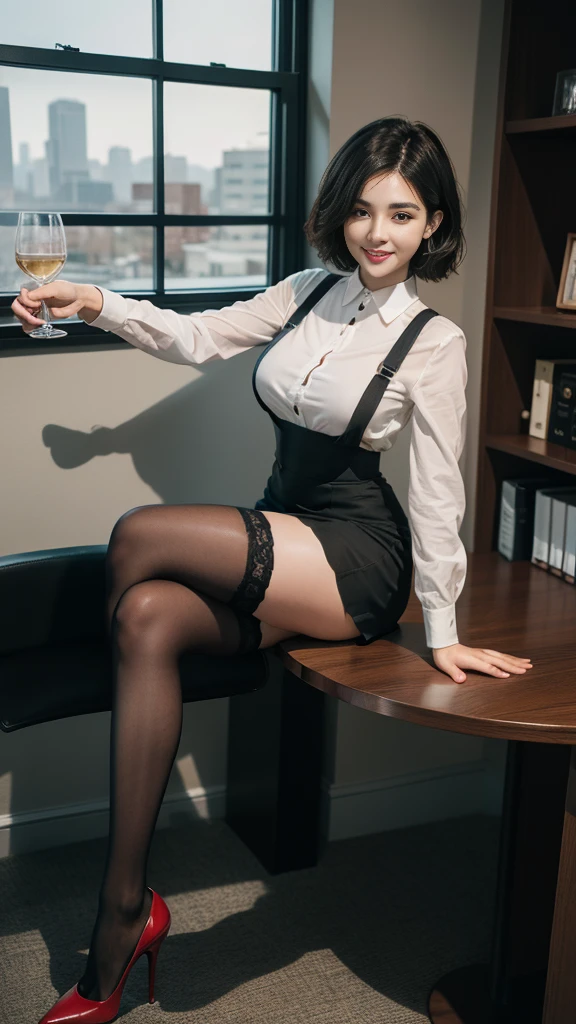 The best best quality, 8K, full body portrait, delicate face, beautiful face, short hair, face details_eye details, slim figure, office lady uniform, Office wear, black suspender stockings, cabelos preto e longos, cute big breasts, smile, holding a glass filled with drinking water, sitting pose, black and red high heels