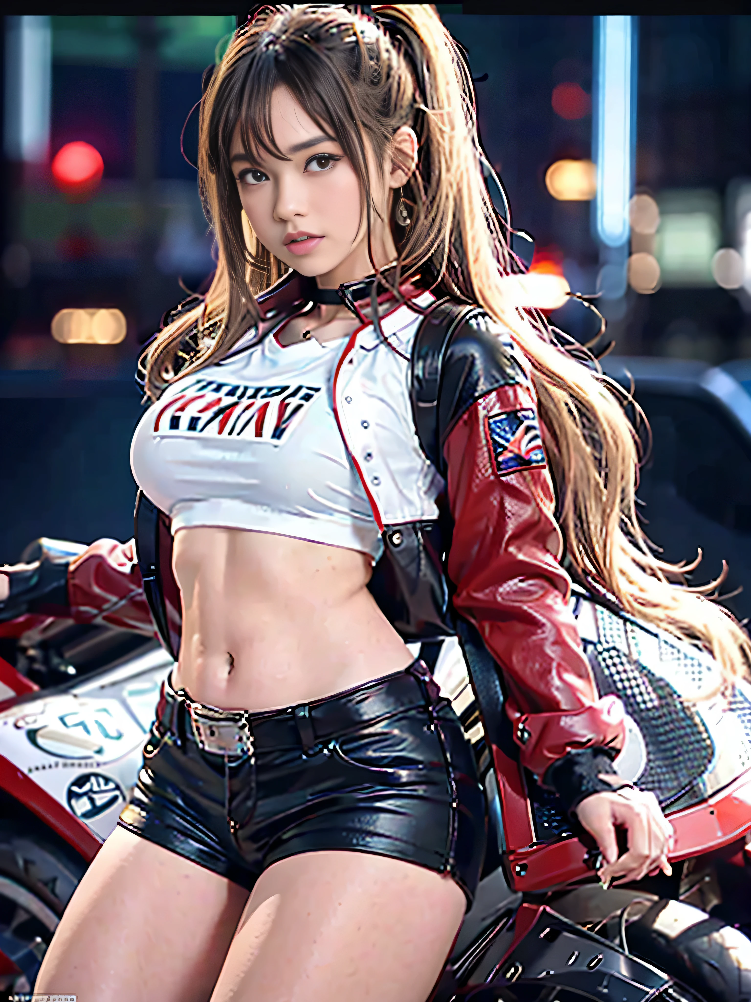 RAW quality, Original image quality, Official Art, highest quality, masterpiece, 超A high resolution, (Photorealistic:1.4), Raw photo, ((Ultra-Realistic Details)), Polate, Global Illumination, Black Shadow, Octane Rendering, 8k, Super sharp, One Girl, Young 15-year-old, Blonde, (Long hair blowing in the wind), Detailed facial depiction, Glossy Lips, Tsundere and playful expression, (Low-rise leather shorts), (Thin white cropped shirt:1.4), huge , (Exposed breasts), Big breasts and small waist, racing jacket, (Akira Bike:1.4), (Riding on motorcycle), night, Cyberpunk cityscape, Ultra high definition,Bokeh Background,