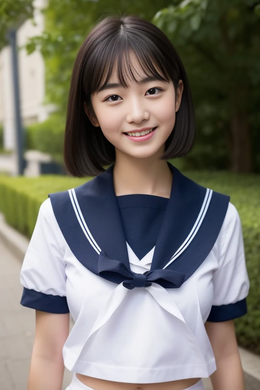 (masterpiece、16k image、high resolution、highest quality)、solo、One Girl、(Japanese Girls' High School Sailor Uniform,perfection)、(perfectionな解剖学,Beautiful body、Healthy Body、Beautiful Skin)、sunny day、Black-haired、Short-haired、black eye、On the way home、Small Tits:16 years old、School zone、Artistic.、Beautiful woman、Beauty Body、smile、whole body、