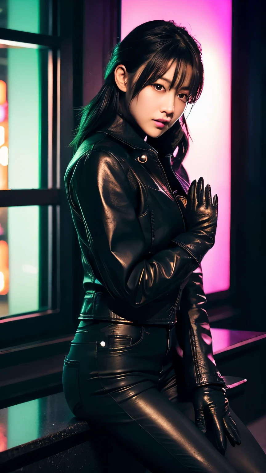 black leather rider jacket, Office in the Dark, Black leather gloved fingertips on both hands,Wearing black leather gloves,Sitting in a black leather chair、 Japanese female new recruits (Black leather gloves cover both hands) (The angle is horizontal)、Black Leather Pants,Black Leather Black Leather Pants,Black Leather Skinny Pants、Long black leather boots on both feet、Black hair ponytail ((He wears black leather gloves on his hands))Full Body Photo,full body shot full body full body leather suit,☺If you turn in this direction。Wearing black leather gloves,Wearing black leather gloves,Wearing black leather gloves,Wearing black leather gloves,Wearing black leather gloves,Wearing black leather gloves,黒のレザーパンツが美しい😍黒のレザーパンツが美しい😍黒のレザーパンツが美しい,😍Smiling while looking at me,City lights、((Neon Cyberpunk City Street:1.3))、(Neon Light)、Detailed lighting、
Best image quality、Ultra-high resolution、(realism:1.4)、Korean Beauty Star、The most beautiful KPOP stars、face、Horny Korean Makeup、A body that makes you want to touch it、Realistic leather texture、Costume made of smooth leather fabric、The drape of the curved parts of the leather fabric、The costume is very shiny、Quality of the costume、8K Photo Quality、