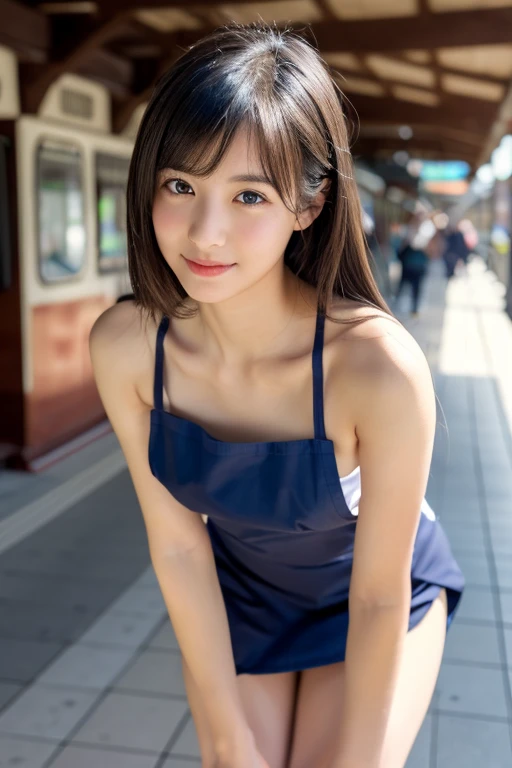 Photorealistic, high-quality 32k photo of a beautiful Japanese girl in a trendy outfit,(One-piece Swimsuit :1.3) with detailed eyes and a playful smile, walking through a bustling shopping district. She’s wearing a fashionable jacket over a casual top and skirt, paired with sneakers and a crossbody bag, her hair styled in loose curls. The image captures her full body with the lively streets in the background, emphasizing her vibrant energy and the dynamic urban environment,(Flirtingly lifting her skirt to show her panties:1.3),(stick out butt:1.3) ,