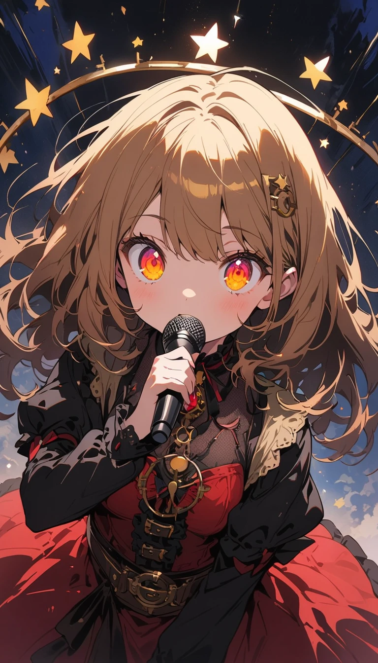 1 girl、star, sing, Perfect Face, Beautiful proportions, Move the microphone closer to your mouth,Beautiful Night、 steampunk、floating, (High saturation), snap shot, (highest quality、masterpiece、High resolution、detailed)、animeスタイル、Flat Style、(Shining Eyes、detailed美しい顔),extremely detailed、(The Shining), Best lighting, Best Shadow、Dynamic Angle、anime