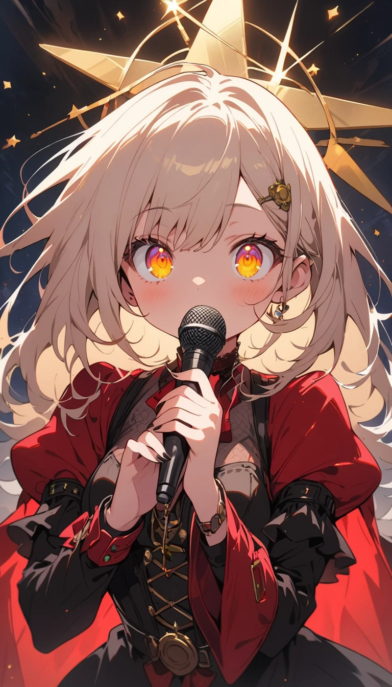 1 girl、star, sing, Perfect Face, Beautiful proportions, Move the microphone closer to your mouth,Beautiful Night、 steampunk、floating, (High saturation), snap shot, (highest quality、masterpiece、High resolution、detailed)、animeスタイル、Flat Style、(Shining Eyes、detailed美しい顔),extremely detailed、(The Shining), Best lighting, Best Shadow、Dynamic Angle、anime