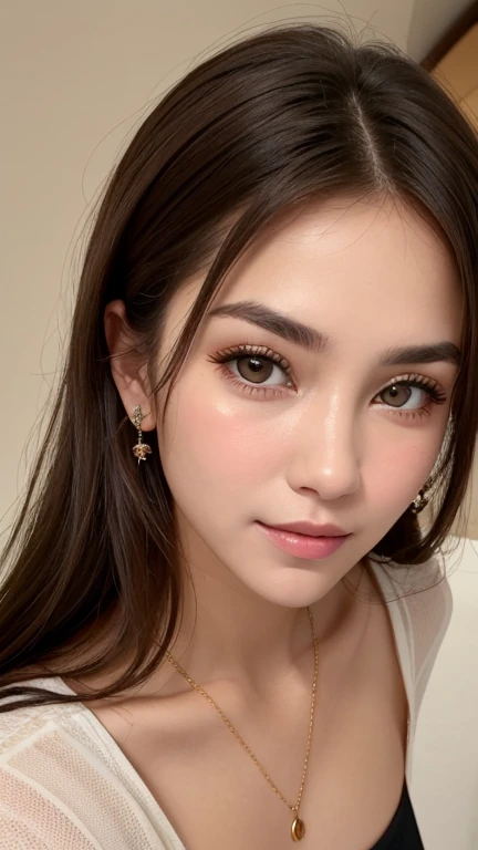 1 25 years old beautiful woman with casual cute hairstyle posing for a portrait, Real raw photo with super detailed details, Beautiful smooth glossy hair woman, A very beautiful woman, She is blushing and making a kissy face, Her face is turned upwards, Well-cared for beautiful long hair, 16K Ultra Realistic Portrait, Photograph from the front of her, Camera angle of view from above, She is slim figure top model and famous movie actress, She has a very fine and smooth white skin, Breast enhancement, ((((1 Russian woman)))), The eyebrows are raised and furrowed, She has bittersweet feeling, Super thinly opened eyes are moist and droopy, She is looking up at the camera from below, Her thick plump and shiny lips are half-opened, Close-up photo of face, A person in the center left and right, The whole head is shown, She is wearing simple earrings and a simle necklace, Perfect makeup, Professional lighting like movies in her bedroom