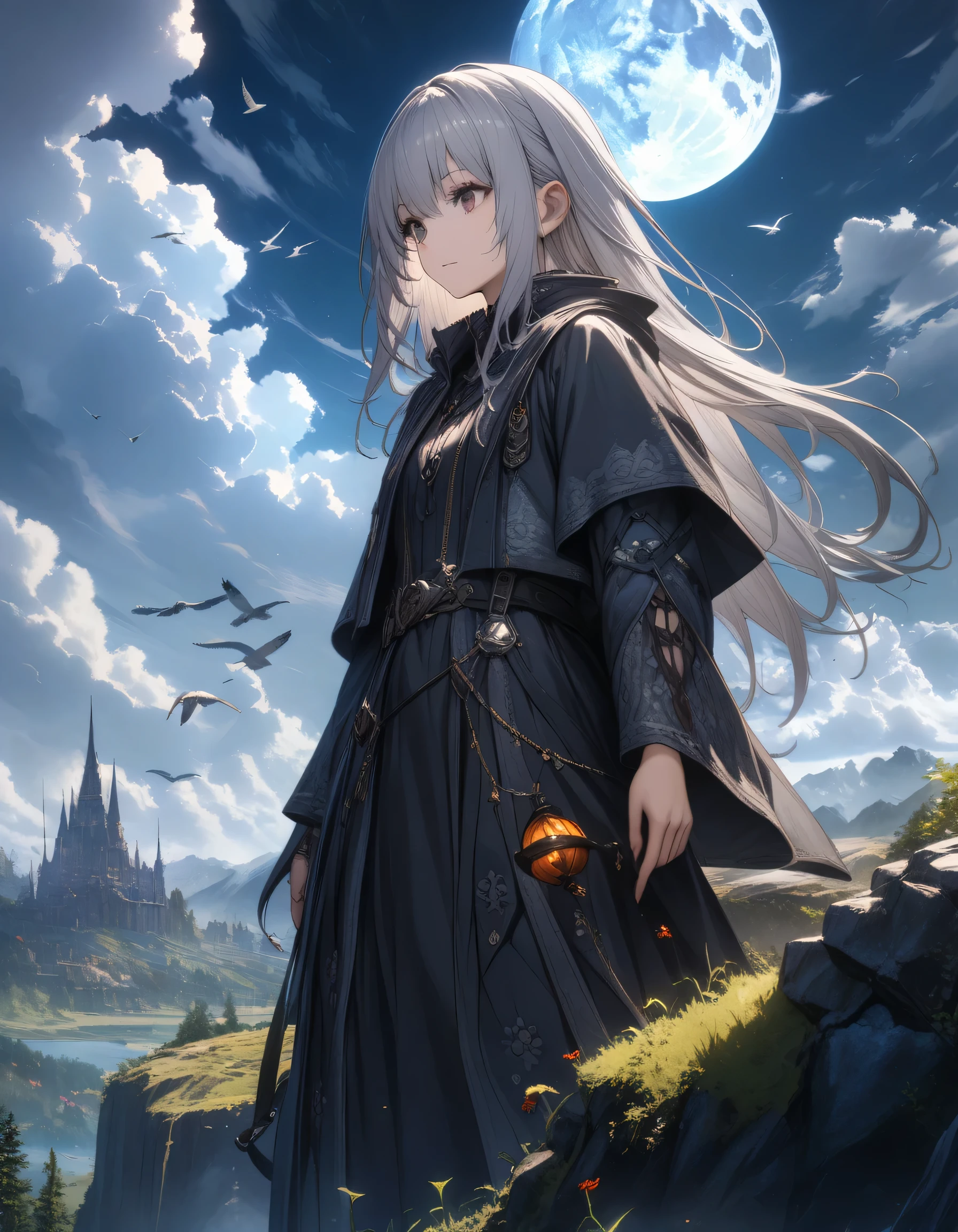 32k, best quality, ultra high res, HDR, UHD, extremely detailed CG, unity 32k wallpaper, highest quality, Very detailed, masterpiece, Super detailed, cloud, witch_Have, Have, 1 Girl, null, green_null,Day, length_hair, cloudy_null, moon,bird, alone, Silver_hair, witch, Outdoor,