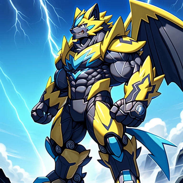 (masterpiece, best quality, detailed:1.2)
(Pokémon)
detailed full body,
Zeraora's giant robot.
Gigantic ZERAORA,
GIANT.
Protecting Zeraora's design and color scheme. Robotic suit, 
the whole body is covered in armor, sky, thunderstorm,

wears a black cloak on his back.
It has wings.
whole body shines like metal.
Wearing cyberpunk mecha, emphasizes the muscles.
He wears the same armor as himself from head to foot. (emphasizes the muscles.)
suit fully made of metal,
intricate armor, Robotic suit, suit fully made of metal, cyborg,

big muscle.
pecs, triceps,
body full of huge muscles.
unusually developed muscular body,
A Zeraora at the bodybuilding competition,
massive,
huge muscular bodybuilder with extraordinary biceps, pecs, triceps, traps, gigachad, 300 lbs.

The claws are sharp, Sharp teeth,
with huge golden laser sword,