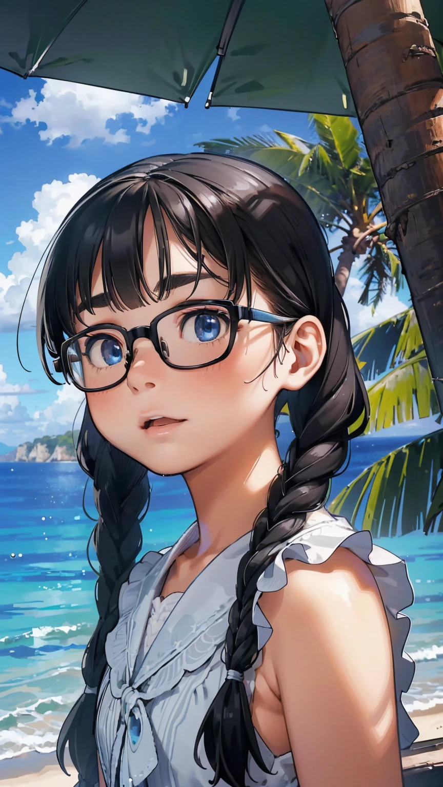 8K quality,(super masterpiece:1.3),highest quality,Detailed Images,1 female,symmetrical beauty,20th Generation,Medium build(Black Hair,Curly Hair,With bangs,Two braids),(Thick eyebrows,Thick eyebrows),(Blue Eyes,blue eyes),(Rimless Glasses,Thin-rimmed glasses,Small glasses),(The background is the seaside,beach,Palm tree,Outdoor),(Close your eyes,Poke out your lips,Bring your lips forward),(Face directly towards the camera,Looking directly at the viewer,looking at the camera,The body faces the viewer,The body is facing the direction of the camera,Face looking straight into the camera). 