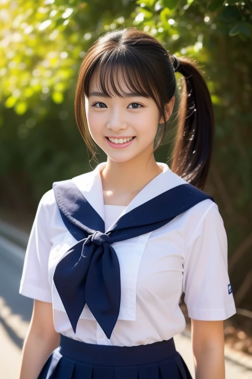(masterpiece、16k image、high resolution、highest quality)、solo、One Girl、(Japanese Girls' High School Sailor Uniform,perfection)、(perfectionな解剖学,Beautiful body、Healthy Body、Beautiful Skin)、sunny day、Black-haired、Short-haired、Long-haired、ponytail、black eye、On the way home、Small Tits:1.5、School zone、Artistic.、Beautiful woman、Beauty Body、smile、