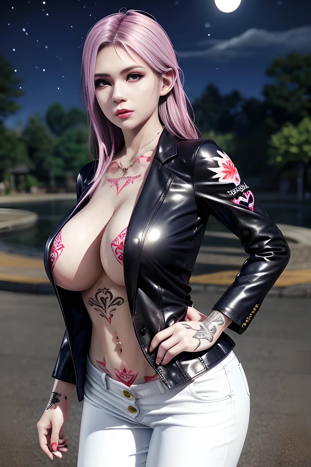 1 girl,lean over WINK,wearing (red formal shirt), neat clothes, formal attire, wearing a white blazer, white pants, outdoor,elegant,nighttime,moonlighe,shiny skin,( huge breasts:1.1), lip gloss,( tattoos:1.3), masterpiece, best quality, realistic ,Surrealism,natural colors art in 8k,soft shadows,Portrait art,solo,  elise,
