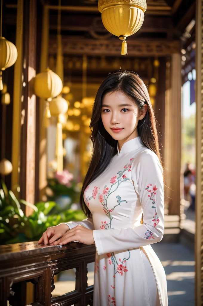 A girl in Vietnam wearing an Ao Dai,illustrated with intricate details,high-res,having a serene atmosphere,saturating the scene with vibrant colors,embracing traditional Vietnamese culture and spiritual practices,with delicate folds and embroideries on the Ao Dai gown,adorned with lotus flowers, creating a harmonious blend of elegance and tranquility, the girl's face radiating inner peace and serenity, her eyes sparkling with wisdom, her lips gently curved into a serene smile, beautifully depicting the grace and charm of Vietnamese women, her slender fingers delicately holding a candle, casting a soft glow amidst the peaceful ambience of the temple, the flickering light illuminating the ornate architectural details of the temple, highlighting the stunning traditional artwork showcased on the walls, ceiling, and pillars, the play of light and shadow adding depth and dimension to the scene, capturing the spiritual essence of the moment, showcasing the rich cultural heritage of Vietnam, a masterpiece that embodies the beauty and tranquility of the country.