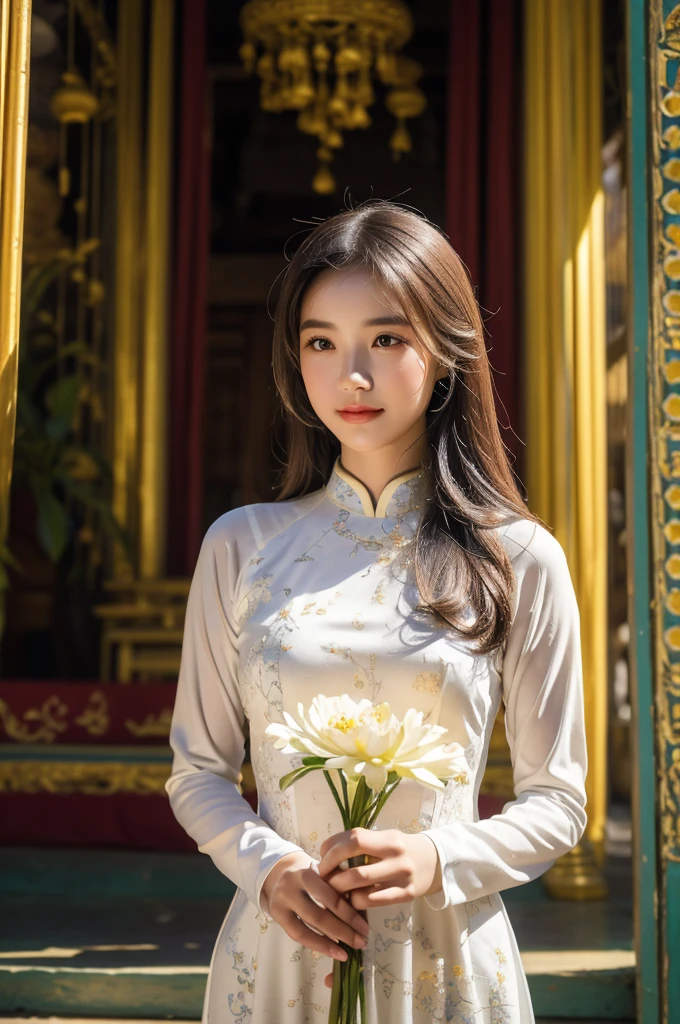 A girl in Vietnam wearing an Ao Dai,illustrated with intricate details,high-res,having a serene atmosphere,saturating the scene with vibrant colors,embracing traditional Vietnamese culture and spiritual practices,with delicate folds and embroideries on the Ao Dai gown,adorned with lotus flowers, creating a harmonious blend of elegance and tranquility, the girl's face radiating inner peace and serenity, her eyes sparkling with wisdom, her lips gently curved into a serene smile, beautifully depicting the grace and charm of Vietnamese women, her slender fingers delicately holding a candle, casting a soft glow amidst the peaceful ambience of the temple, the flickering light illuminating the ornate architectural details of the temple, highlighting the stunning traditional artwork showcased on the walls, ceiling, and pillars, the play of light and shadow adding depth and dimension to the scene, capturing the spiritual essence of the moment, showcasing the rich cultural heritage of Vietnam, a masterpiece that embodies the beauty and tranquility of the country.