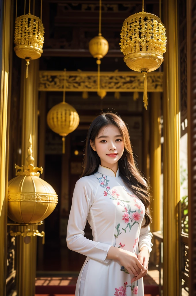 A girl in Vietnam wearing an Ao Dai,illustrated with intricate details,high-res,having a serene atmosphere,saturating the scene with vibrant colors,embracing traditional Vietnamese culture and spiritual practices,with delicate folds and embroideries on the Ao Dai gown,adorned with lotus flowers, creating a harmonious blend of elegance and tranquility, the girl's face radiating inner peace and serenity, her eyes sparkling with wisdom, her lips gently curved into a serene smile, beautifully depicting the grace and charm of Vietnamese women, her slender fingers delicately holding a candle, casting a soft glow amidst the peaceful ambience of the temple, the flickering light illuminating the ornate architectural details of the temple, highlighting the stunning traditional artwork showcased on the walls, ceiling, and pillars, the play of light and shadow adding depth and dimension to the scene, capturing the spiritual essence of the moment, showcasing the rich cultural heritage of Vietnam, a masterpiece that embodies the beauty and tranquility of the country.