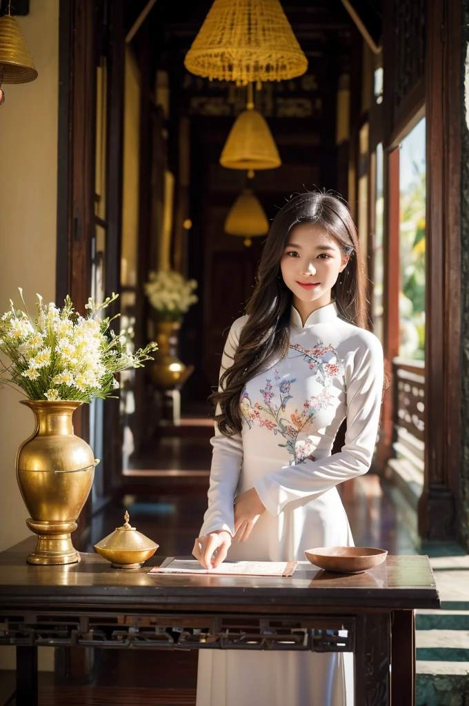 A girl in Vietnam wearing an Ao Dai,illustrated with intricate details,high-res,having a serene atmosphere,saturating the scene with vibrant colors,embracing traditional Vietnamese culture and spiritual practices,with delicate folds and embroideries on the Ao Dai gown,adorned with lotus flowers, creating a harmonious blend of elegance and tranquility, the girl's face radiating inner peace and serenity, her eyes sparkling with wisdom, her lips gently curved into a serene smile, beautifully depicting the grace and charm of Vietnamese women, her slender fingers delicately holding a candle, casting a soft glow amidst the peaceful ambience of the temple, the flickering light illuminating the ornate architectural details of the temple, highlighting the stunning traditional artwork showcased on the walls, ceiling, and pillars, the play of light and shadow adding depth and dimension to the scene, capturing the spiritual essence of the moment, showcasing the rich cultural heritage of Vietnam, a masterpiece that embodies the beauty and tranquility of the country.