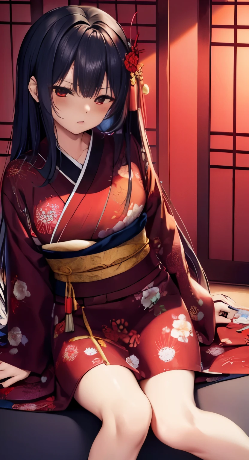 Red spider lilies in full bloom、Background red spider lily満開、Background Higanbana、(((Enma Ai)))(())((female))((( 地獄少female)))((Long Black Hair))( ((Dark red eyes)))((( A black kimono with a blue butterfly pattern)))(((Background sunset red moon))『((((Background red spider lily))))』