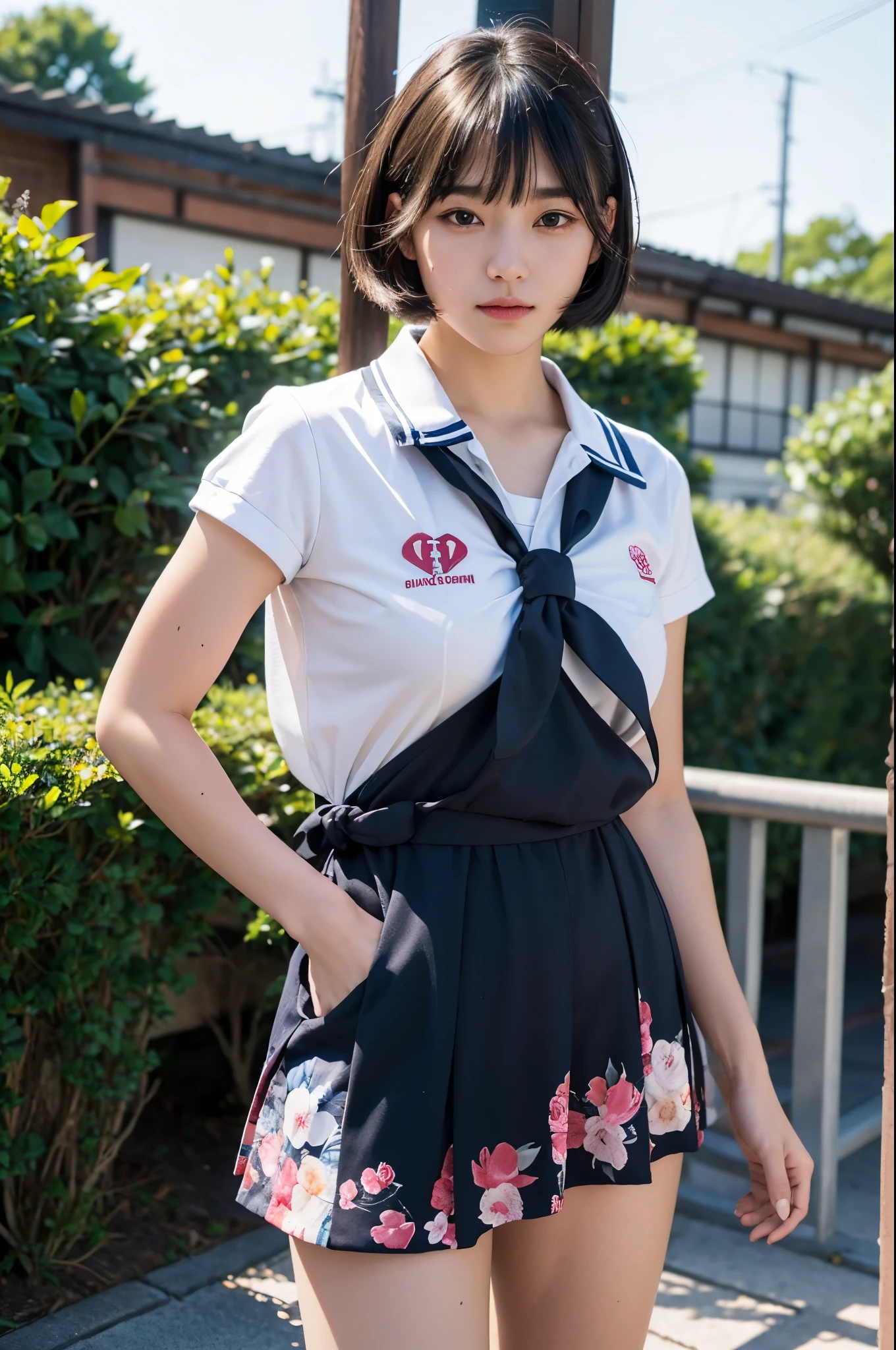 (8k, highest quality, masterpiece: 1,2), (Realistic, Realistic: 1.37), Super Detail, One Girl, ), (Very detailed), (Beautiful fine details), (highest quality) , (Very detailed), (masterpiece), (Detailed face), 20-year-old, One person girl, whole body, Are standing, Black Hair, Very short hair, Ample breasts, Perfect lighting, looking at the camera, Excited face, Mischievous face, ((high school girl) , Japanese Sailor Suit,)), Full head of floral hair, impressive, Written boundary depth, Short Hair, Short Bob, Straight face, Head and body balance