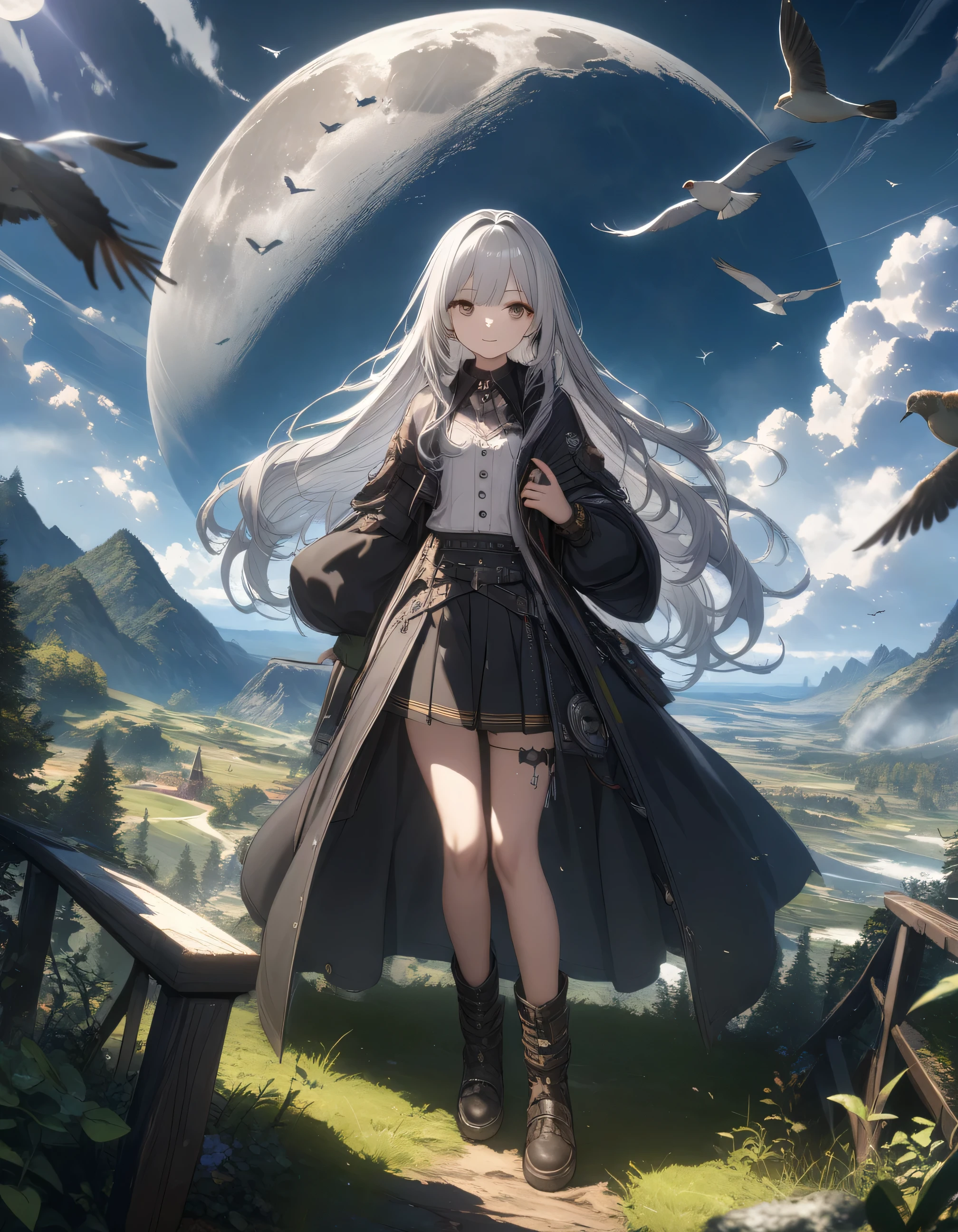 32k, best quality, ultra high res, HDR, UHD, extremely detailed CG, unity 32k wallpaper, highest quality, Very detailed, masterpiece, Super detailed, cloud, witch_Have, Have, 1 Girl, null, green_null,Day, length_hair, cloudy_null, moon,bird, alone, Silver_hair, witch, Outdoor,